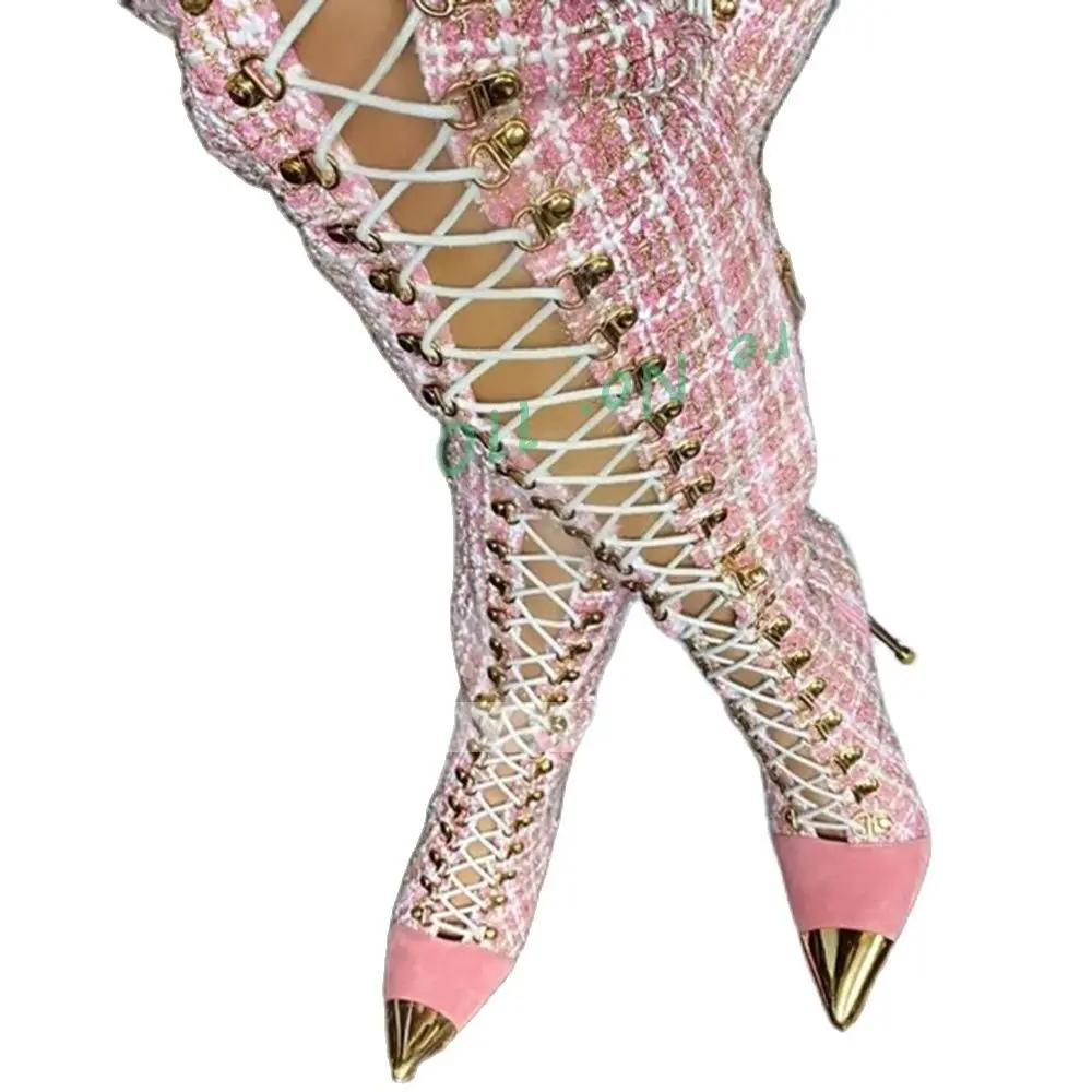 Pink Plaid Hollow Tall Boots W - مراجعة Sock Boot Women وسعره